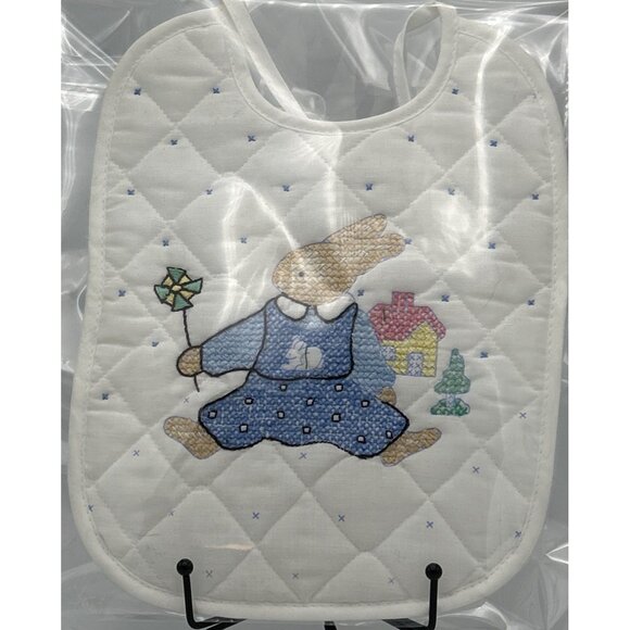 Baby Bib Handmade Embroidered Bunny Blue Handcraft Cross Stitch Shower Gift New - Picture 1 of 2